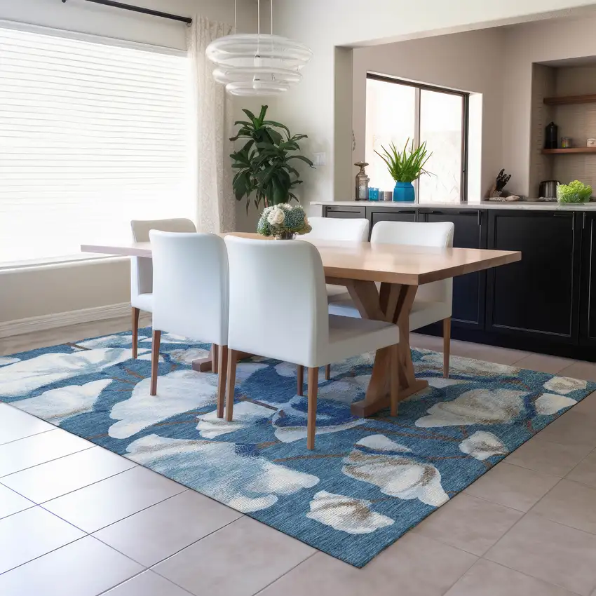 Blue And Ivory Botanical Leaves Washable Indoor Outdoor Area Rug Photo 4