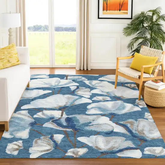 Blue And Ivory Botanical Leaves Washable Indoor Outdoor Area Rug Photo 3