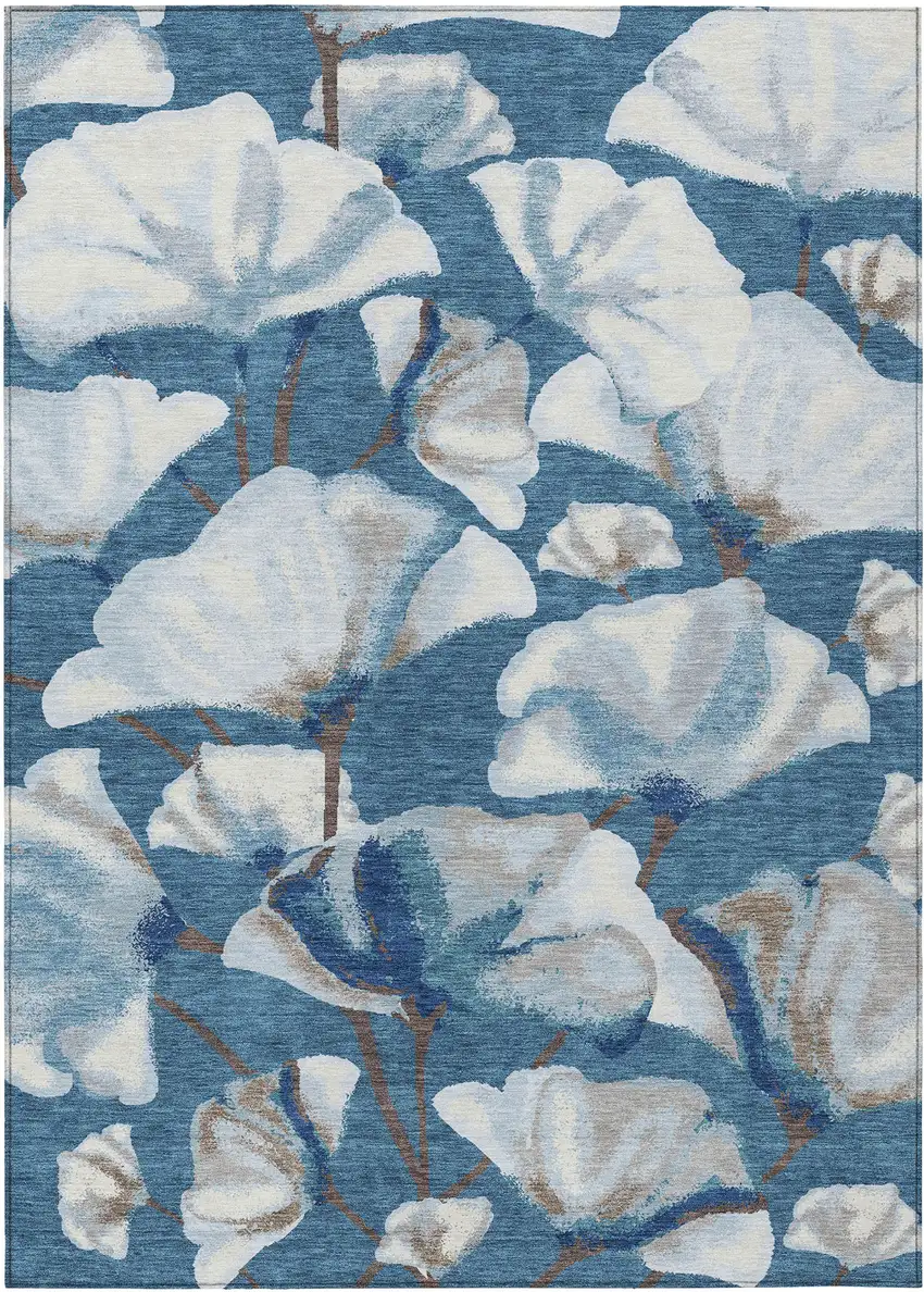 Blue And Ivory Botanical Leaves Washable Indoor Outdoor Area Rug Photo 7