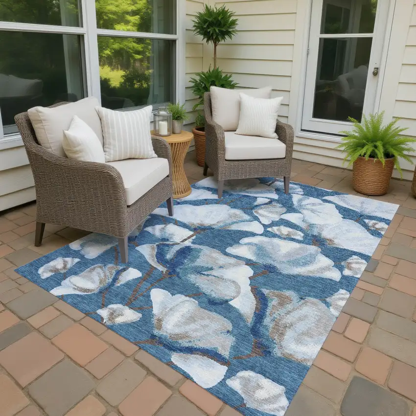 Blue And Ivory Botanical Leaves Washable Indoor Outdoor Area Rug Photo 3