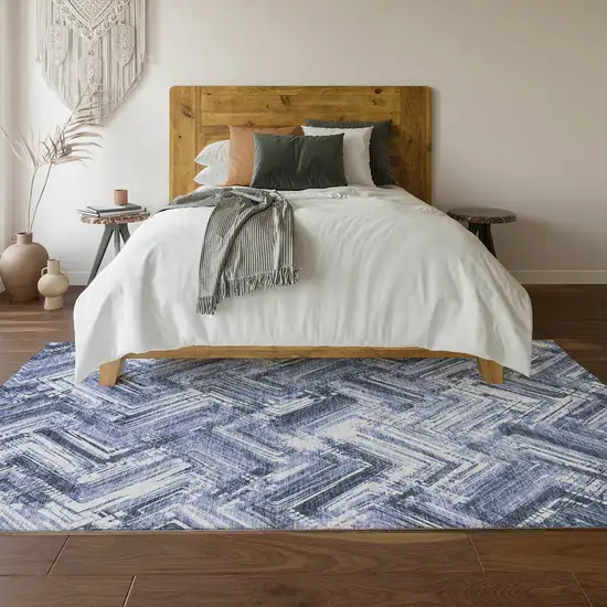 Blue And Ivory Chevron Washable Area Rug With UV Protection Photo 7