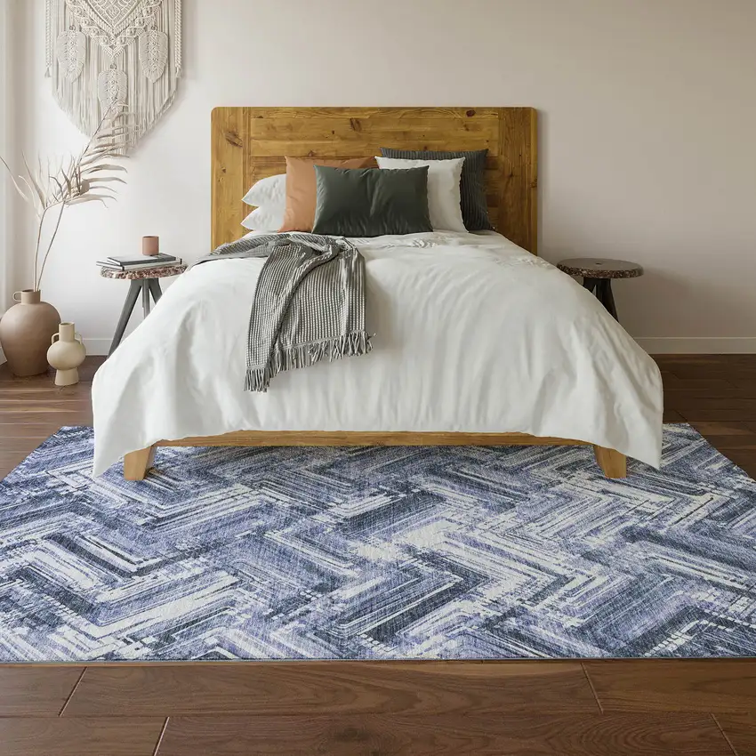 Blue And Ivory Chevron Washable Area Rug With UV Protection Photo 7