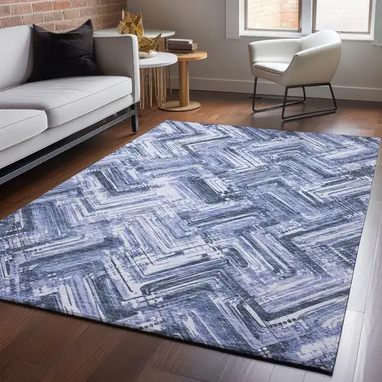Blue And Ivory Chevron Washable Area Rug With UV Protection Photo 6