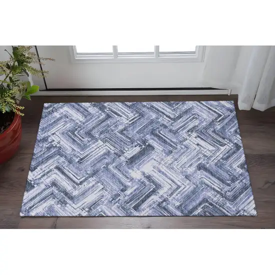 Blue And Ivory Chevron Washable Area Rug With UV Protection Photo 2