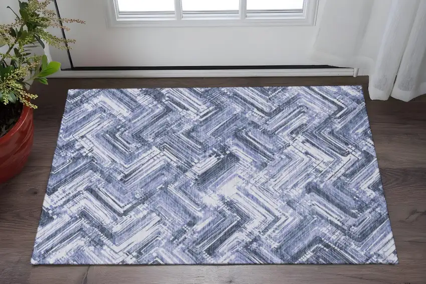 Blue And Ivory Chevron Washable Area Rug With UV Protection Photo 2