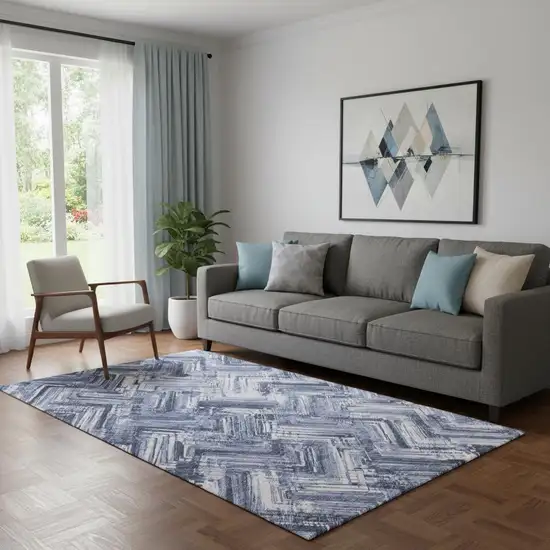 Blue And Ivory Chevron Washable Area Rug With UV Protection Photo 1