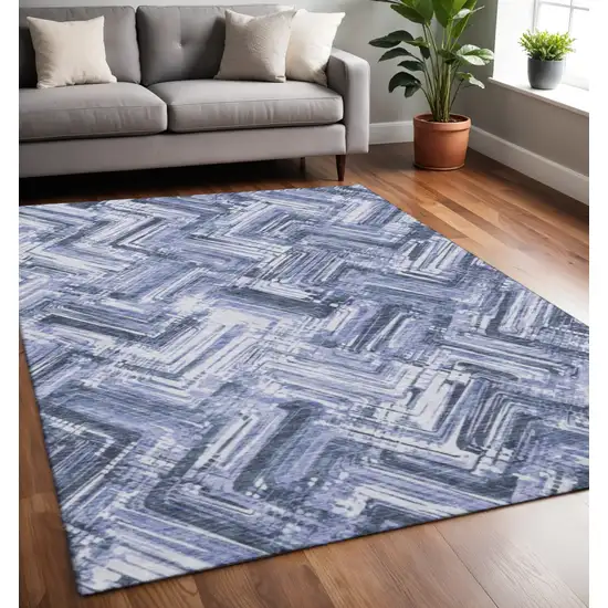 Blue And Ivory Chevron Washable Area Rug With UV Protection Photo 2