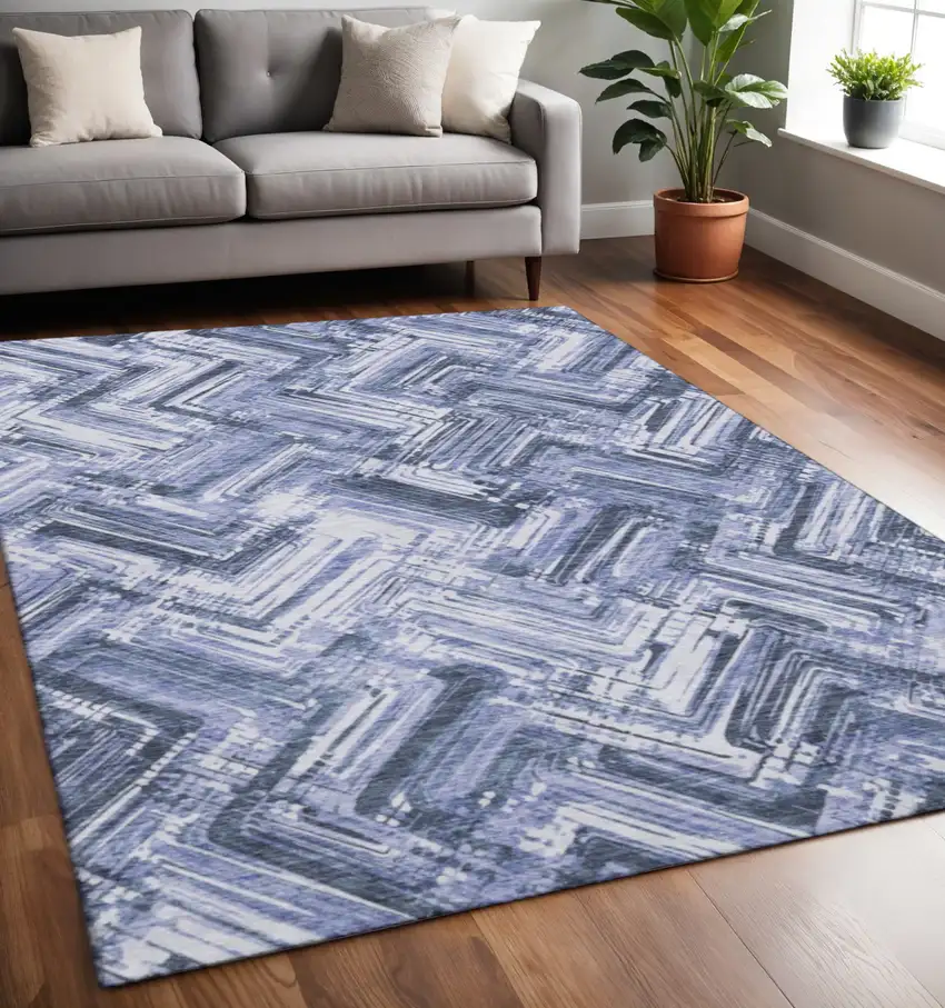 Blue And Ivory Chevron Washable Area Rug With UV Protection Photo 2