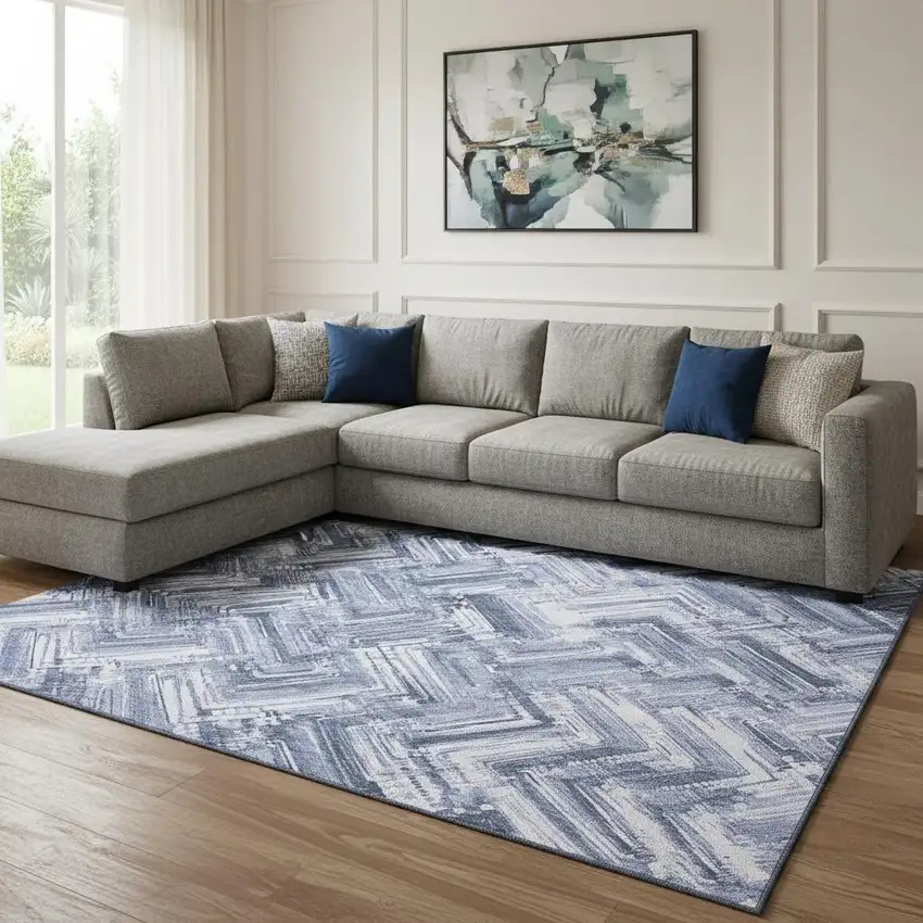 Blue And Ivory Chevron Washable Area Rug With UV Protection Photo 1