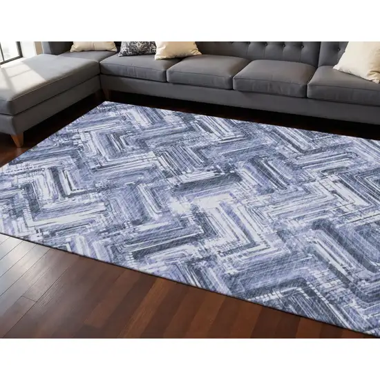 Blue And Ivory Chevron Washable Area Rug With UV Protection Photo 2