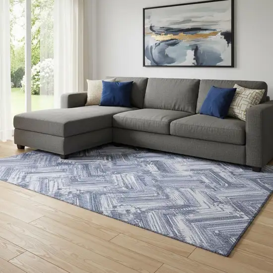 Blue And Ivory Chevron Washable Area Rug With UV Protection Photo 1