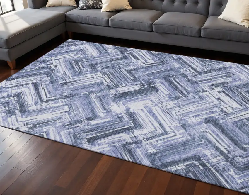 Blue And Ivory Chevron Washable Area Rug With UV Protection Photo 2