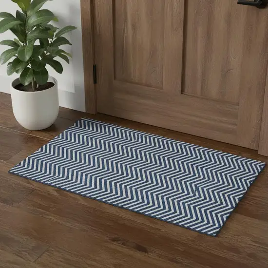 Blue And Ivory Chevron Washable Area Rug With UV Protection Photo 2