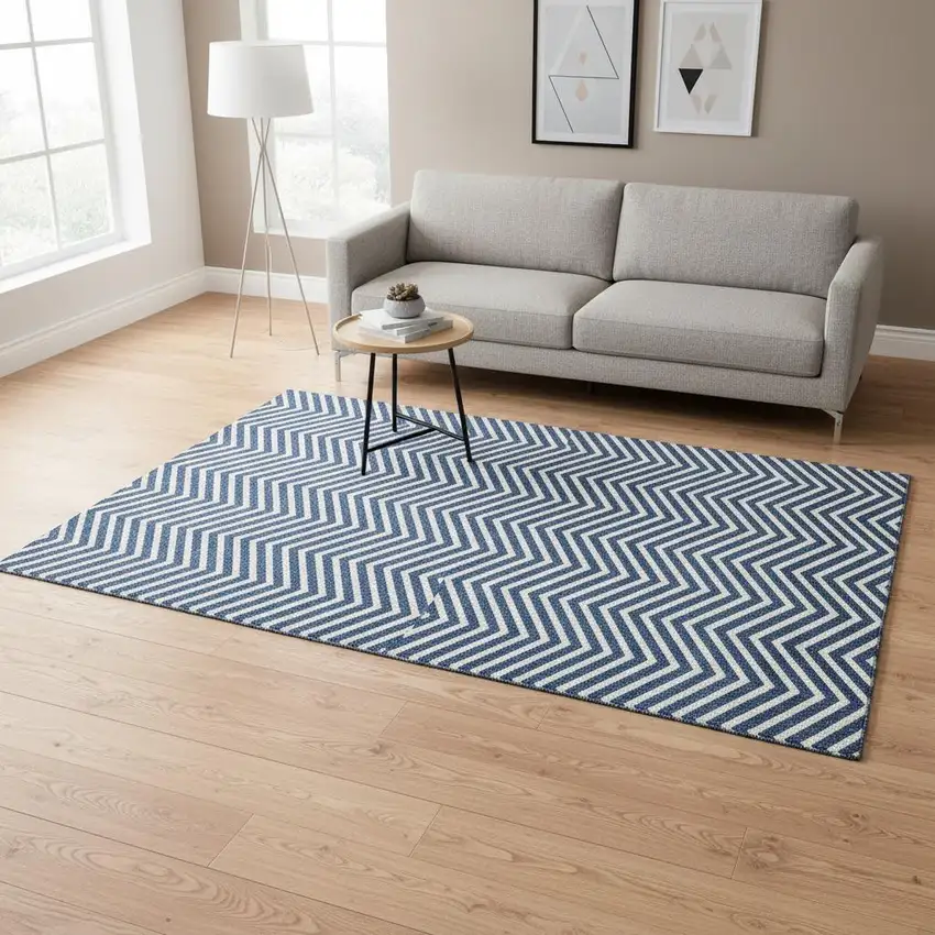 Blue And Ivory Chevron Washable Area Rug With UV Protection Photo 2