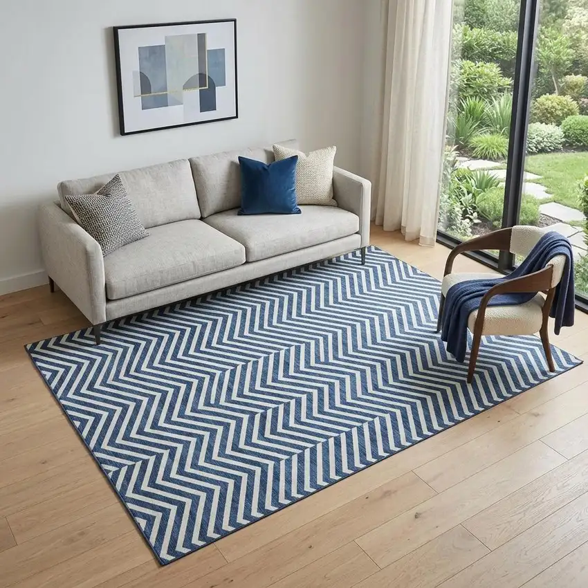 Blue And Ivory Chevron Washable Area Rug With UV Protection Photo 1