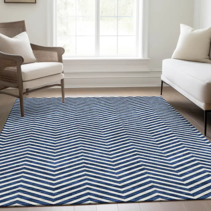 Blue And Ivory Chevron Washable Area Rug With UV Protection Photo 4
