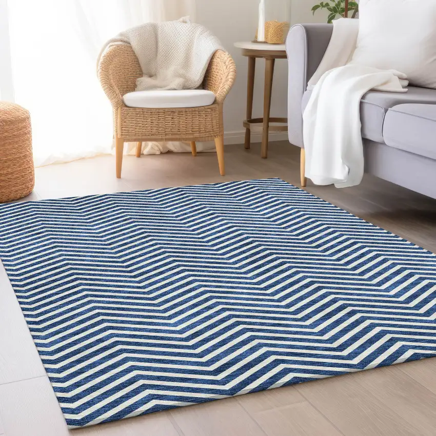 Blue And Ivory Chevron Washable Area Rug With UV Protection Photo 4