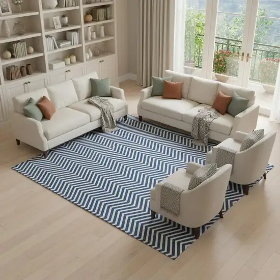 Blue And Ivory Chevron Washable Area Rug With UV Protection Photo 1