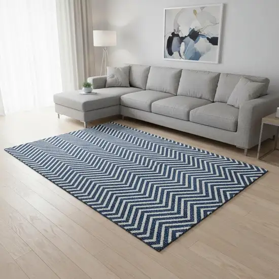 Blue And Ivory Chevron Washable Area Rug With UV Protection Photo 2