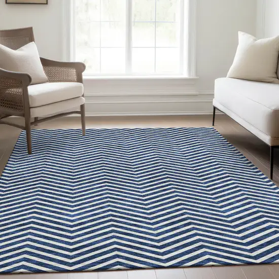 Blue And Ivory Chevron Washable Area Rug With UV Protection Photo 5