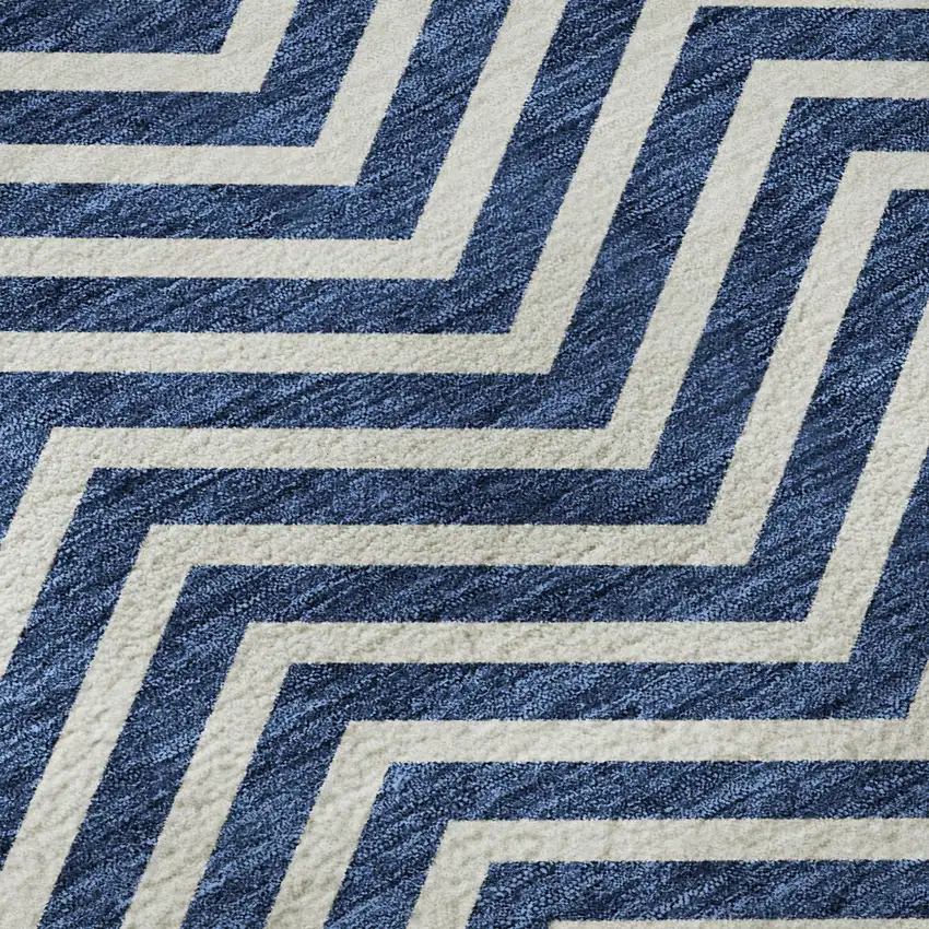 Blue And Ivory Chevron Washable Area Rug With UV Protection Photo 9