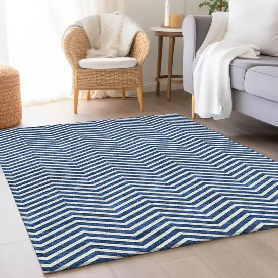 Blue And Ivory Chevron Washable Area Rug With UV Protection Photo 4