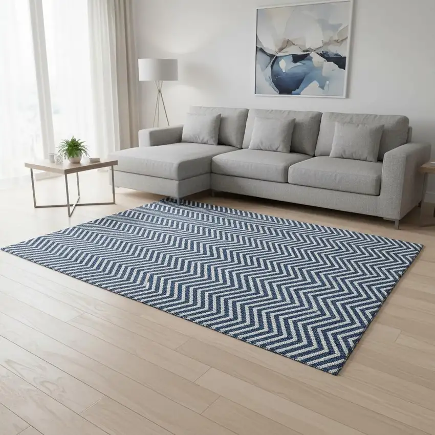 Blue And Ivory Chevron Washable Area Rug With UV Protection Photo 2