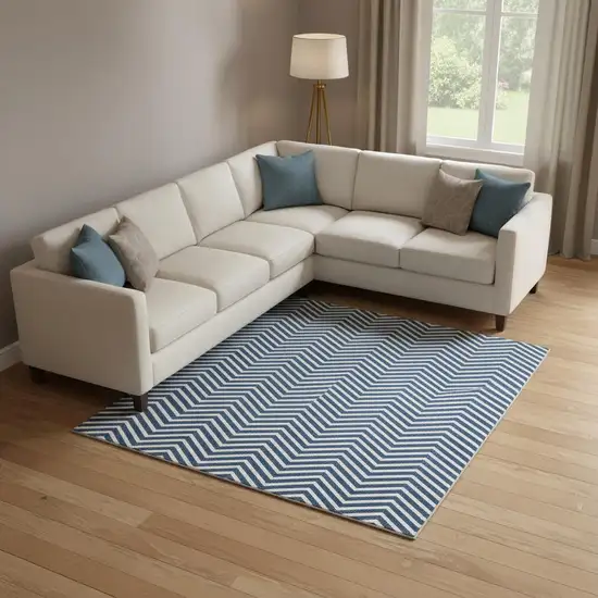 Blue And Ivory Chevron Washable Area Rug With UV Protection Photo 1