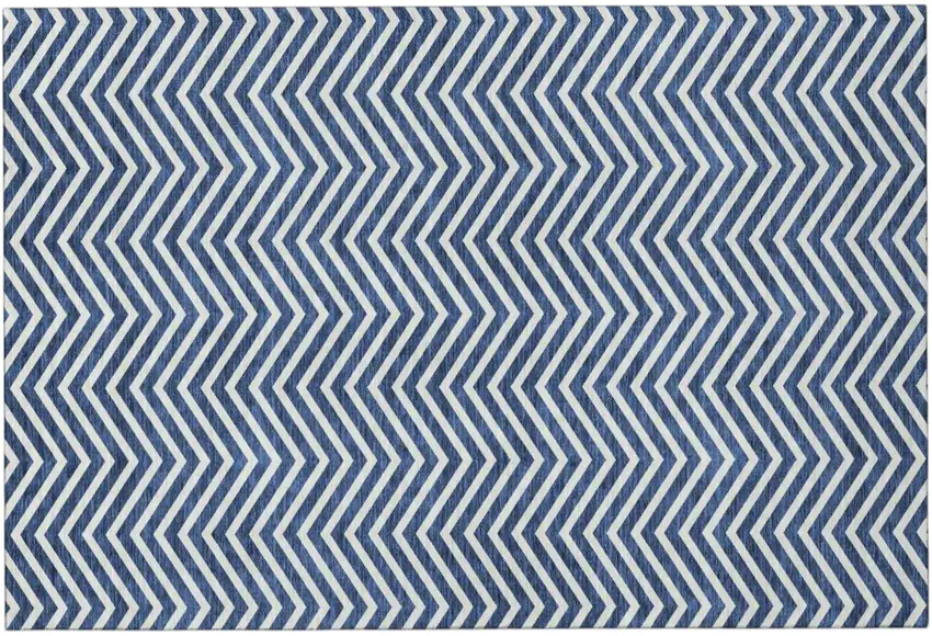 Blue And Ivory Chevron Washable Area Rug With UV Protection Photo 2