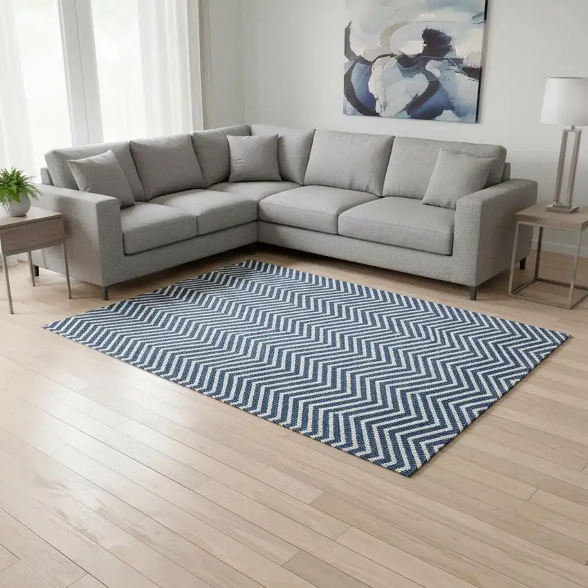 Blue And Ivory Chevron Washable Area Rug With UV Protection Photo 2