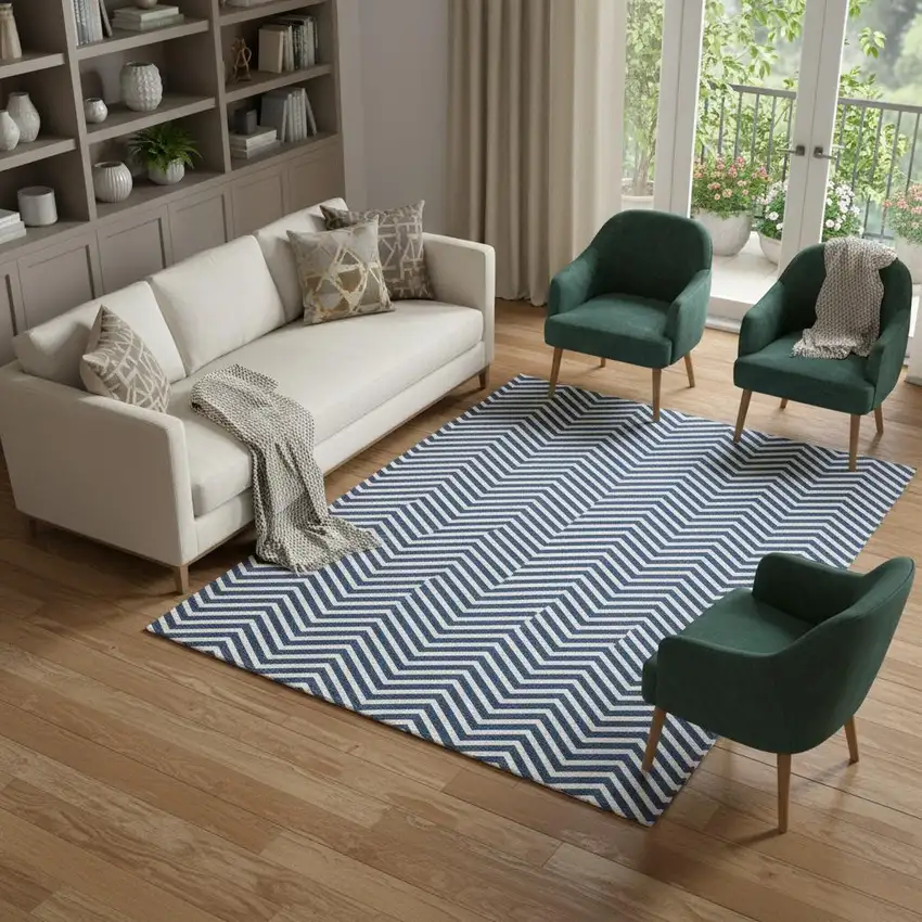 Blue And Ivory Chevron Washable Area Rug With UV Protection Photo 1