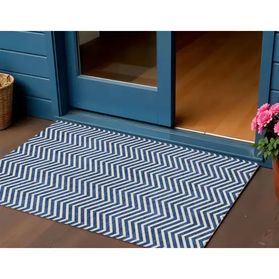 Blue And Ivory Chevron Washable Indoor Outdoor Area Rug Photo 1