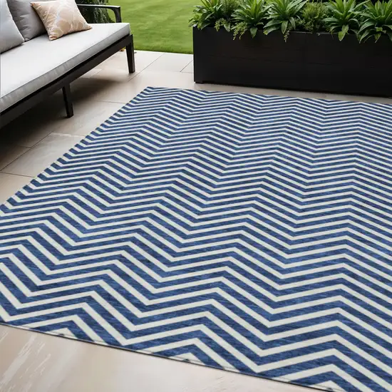Blue And Ivory Chevron Washable Indoor Outdoor Area Rug Photo 1