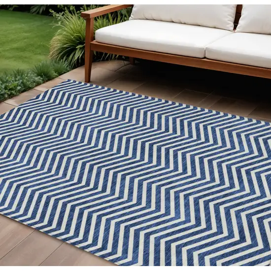 Blue And Ivory Chevron Washable Indoor Outdoor Area Rug Photo 1