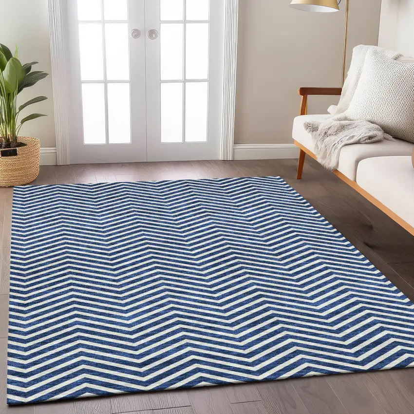 Blue And Ivory Chevron Washable Indoor Outdoor Area Rug Photo 8