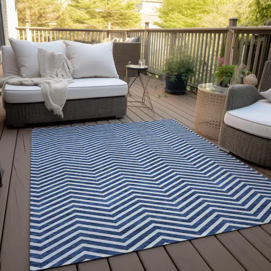 Blue And Ivory Chevron Washable Indoor Outdoor Area Rug Photo 9
