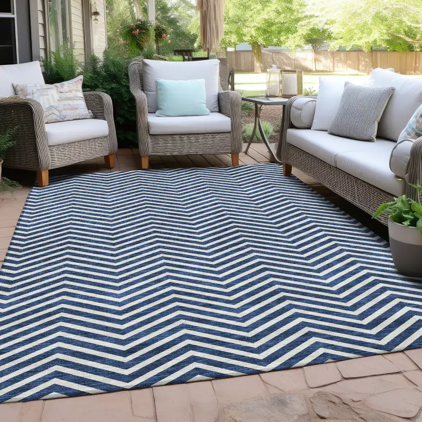 Blue And Ivory Chevron Washable Indoor Outdoor Area Rug Photo 7