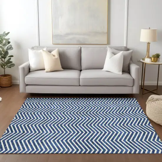 Blue And Ivory Chevron Washable Indoor Outdoor Area Rug Photo 9