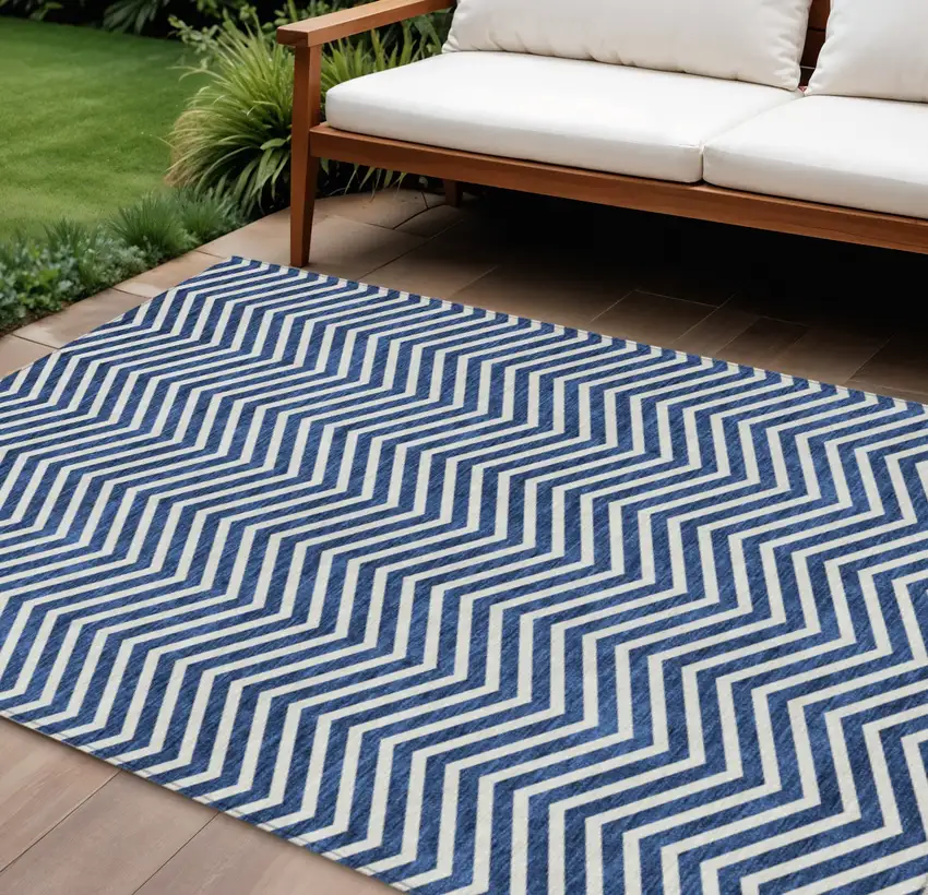 Blue And Ivory Chevron Washable Indoor Outdoor Area Rug Photo 1