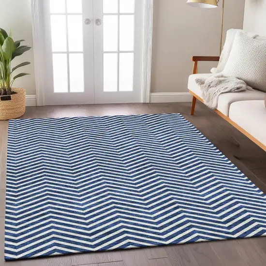 Blue And Ivory Chevron Washable Indoor Outdoor Area Rug Photo 9