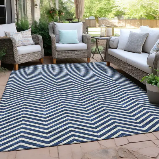 Blue And Ivory Chevron Washable Indoor Outdoor Area Rug Photo 8