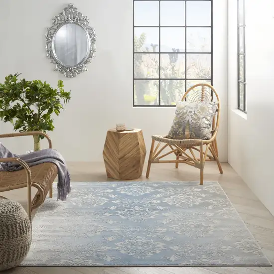 Blue And Ivory Damask Distressed Non Skid Area Rug Photo 6