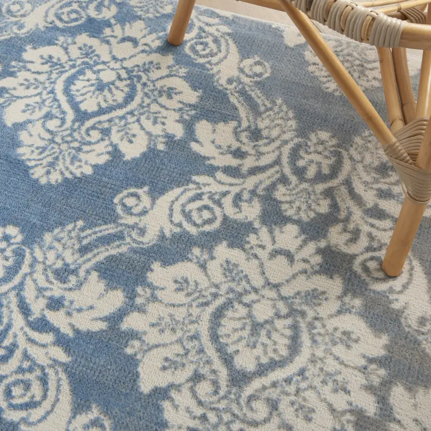 Blue And Ivory Damask Distressed Non Skid Area Rug Photo 9