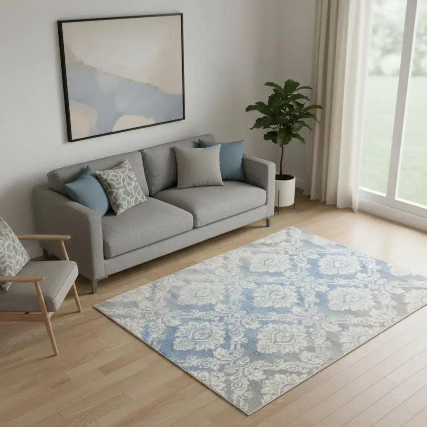 Blue And Ivory Damask Distressed Non Skid Area Rug Photo 1