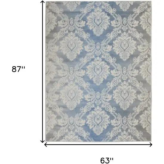 Blue And Ivory Damask Distressed Non Skid Area Rug Photo 3