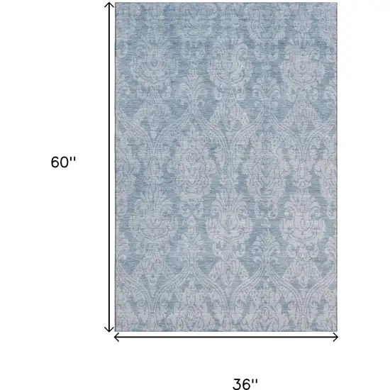 Blue And Ivory Damask Washable Area Rug With UV Protection Photo 9