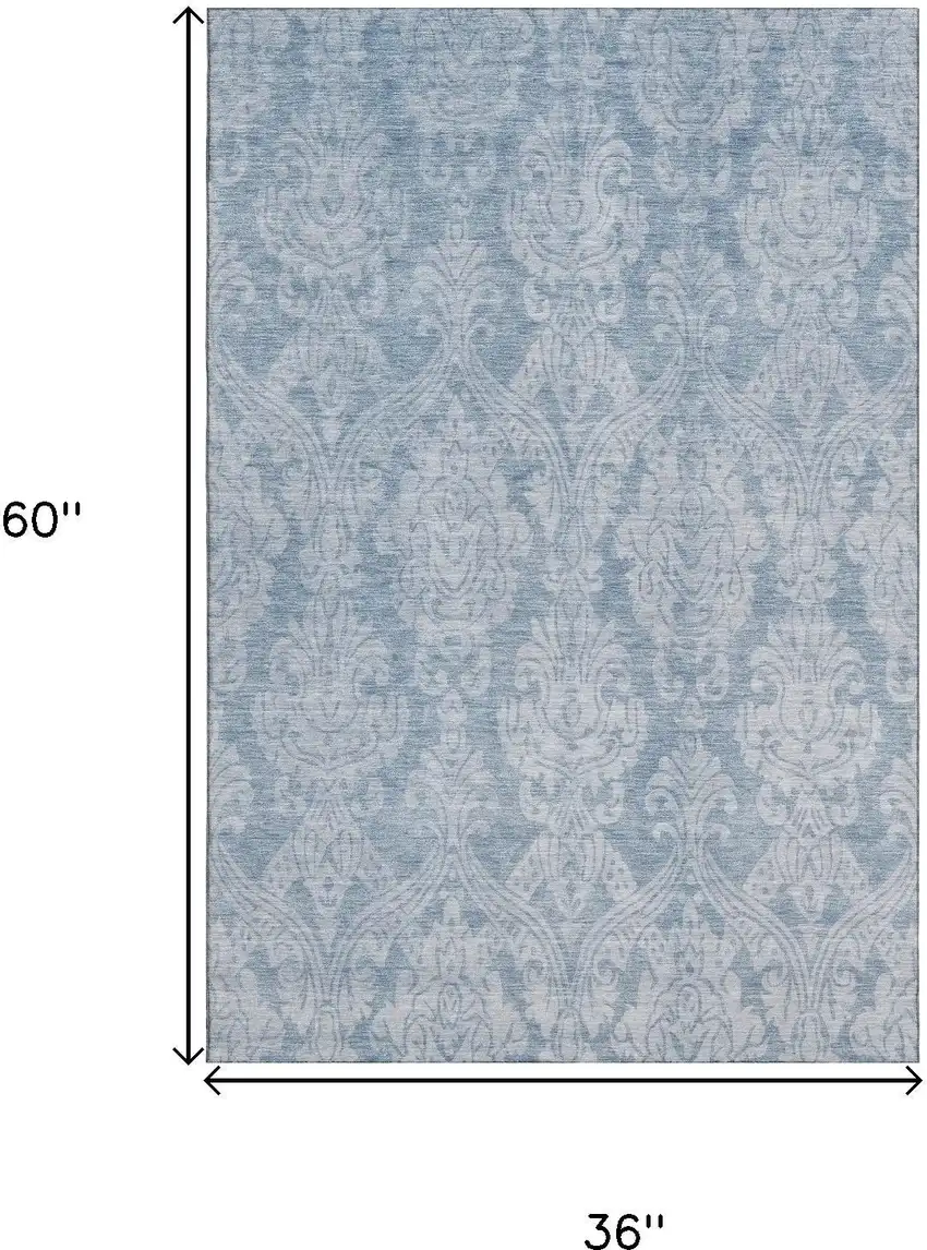 Blue And Ivory Damask Washable Area Rug With UV Protection Photo 9