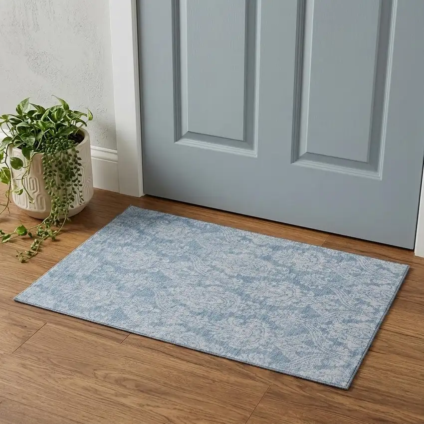 Blue And Ivory Damask Washable Area Rug With UV Protection Photo 1