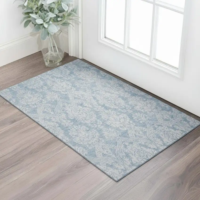 Blue And Ivory Damask Washable Area Rug With UV Protection Photo 2