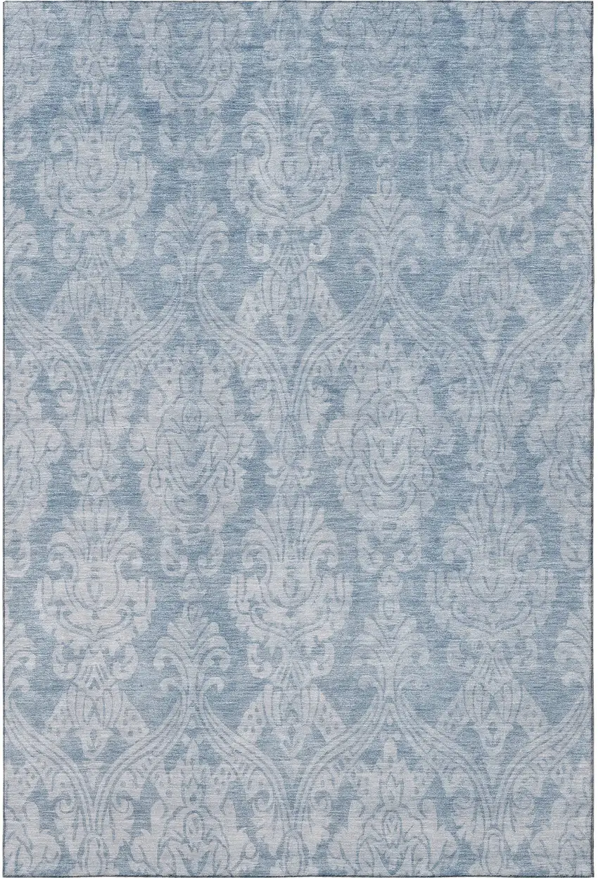 Blue And Ivory Damask Washable Area Rug With UV Protection Photo 2